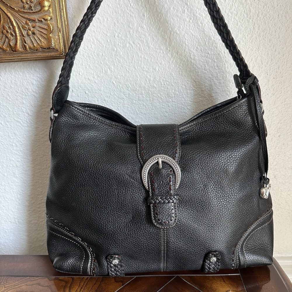 VTG Brighton Leather Handbag Purse 11x14 Inch Black Woven Handle Buckle Accent‎